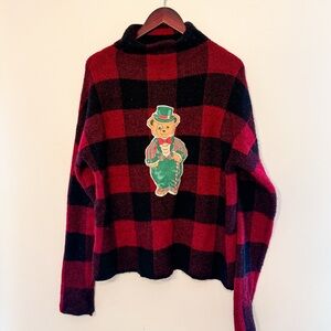 Vintage Buffalo Plaid Holiday Bear Sweater – Cozy Retro Vibes